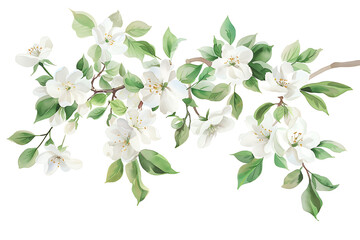 Beautifully Illustrated Branch with White Blossoms and Lush Green Leaves on a Clean White Background for Fresh and Elegant Designs
