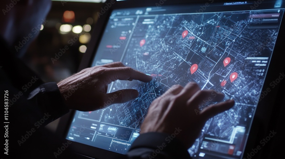 Poster a person interacts with a digital map interface displaying location markers.