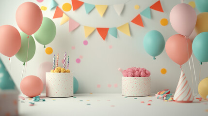 A modern, sophisticated display of pastel balloons, confetti, and ribbons, floating serenely on a bright white backdrop, perfect for a stylish birthday celebration.