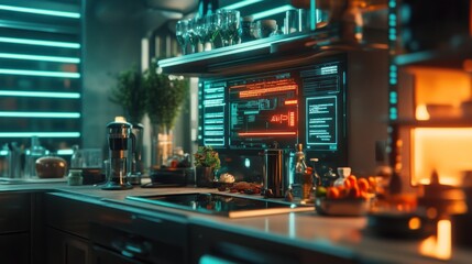 A futuristic kitchen with advanced technology and vibrant lighting, showcasing food and drinks.