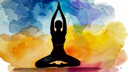 Vibrant watercolor illustration for International Yoga Day featuring a serene silhouette striking a yoga pose.