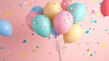 A beautiful cluster of 3D pastel-colored birthday balloons, gently floating with shiny ribbons and confetti around them, creating a soft, celebratory atmosphere.
