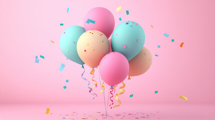 A sleek cluster of 3D birthday balloons in soft pastel hues, gently floating in the air with shiny ribbons and confetti scattered around.