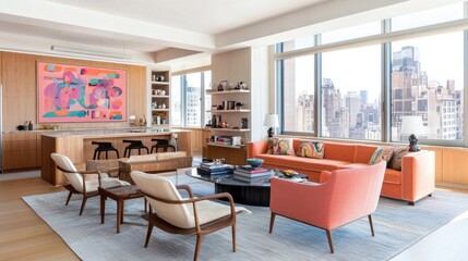 Stylish modern living room with vibrant decor and city view