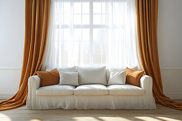 Cozy Living Room, White Sofa with Orange Curtains near Window