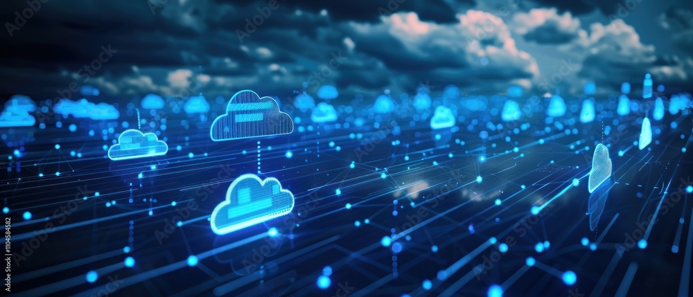 Poster digital clouds connected by networks, symbolizing cloud computing and data transfer.