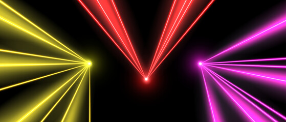 Obraz premium Laser beams, concert or nightclub spotlights light effect. Lasers in motion, abstract perspective background. Vector illustration.