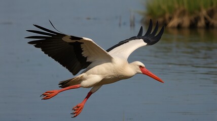 White stork in flight over water.