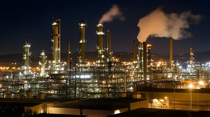 Night View of Illuminated Industrial Refinery Complex, Processing Plant Glowing Under Dark Sky, Towers and Pipes, Smoke Stacks