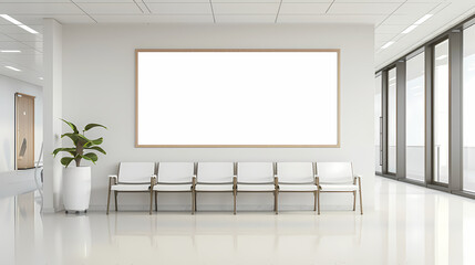 Modern Lobby Blank Canvas: A minimalist hallway with sleek white walls, elegant chairs, and a large blank canvas, perfect for showcasing your brand or message. This clean.
