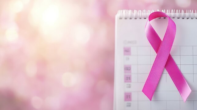 A closeup view of a calendar marked with a pink ribbon, symbolizing breast cancer awareness month in a softfocus backdrop. - Powered by Adobe