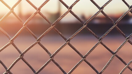 Fototapeta premium Captivating closeup of a chainlink fence, showcasing intricate details against a beautifully blurred background.