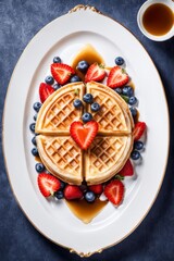 Fluffy waffle garnished with ripe strawberries and blueberries. Drizzled with berry sauce and whipped cream, creating a delightful presentation ideal for showcasing breakfast culture.