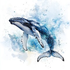 Strandtuch mit Foto Watercolor painting of a humpback whale swimming in the ocean.