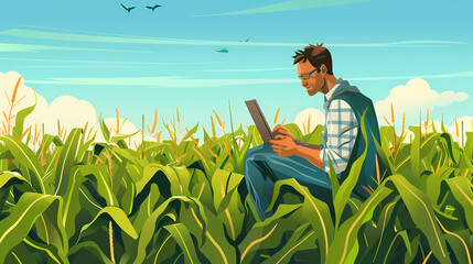 Farming in the Digital Age: A farmer sits amidst a vibrant cornfield,  focused on his laptop, showcasing the intersection of technology and agriculture in a beautiful landscape. 