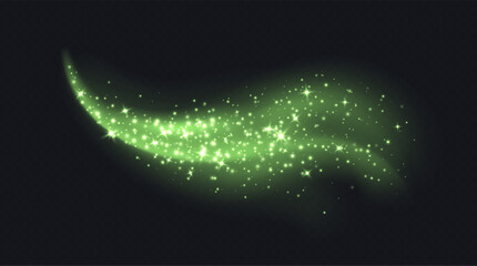 Green magic cloud with sparkles, stardust sparkling decoration. Glowing glitter smoke trail. Vector illustration.
