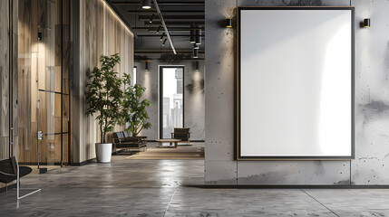 Industrial Loft Interior with Mockup Canvas: A modern, stylish interior design concept with a blank canvas.  The rustic wood and concrete walls create a raw and edgy vibe.