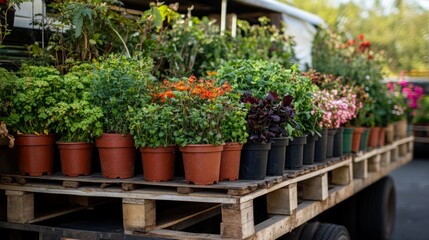 Fototapeta premium Truck loaded with potted plants for garden supply logistics. Flower distribution. Business and logistics distribution concept