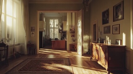 Cozy Sunlit Living Room with Vintage Decor and Warm Atmosphere