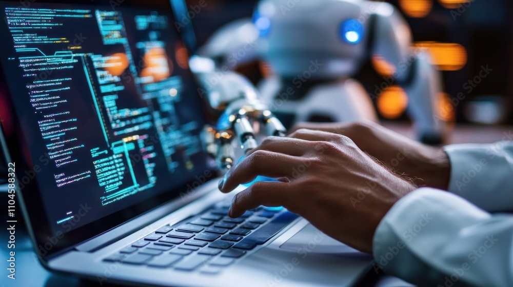 Poster a person coding on a laptop with a robotic arm in the background.
