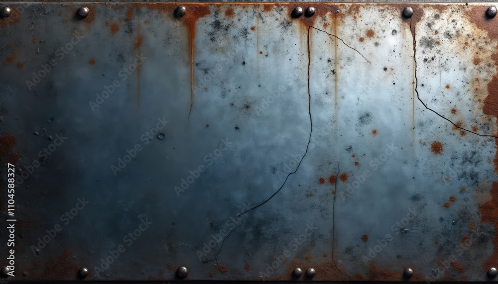 Aufkleber Aged metal plate with rust and cracks. Rustic texture. Surface shows signs of wear. Suitable for industrial style backgrounds or retro designs. Decorative distressed surface with visible rivets.