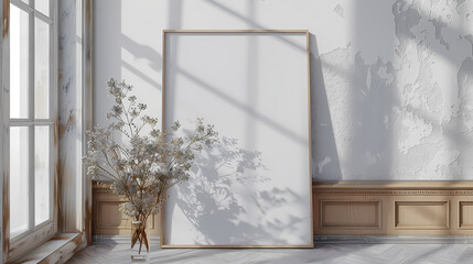 Rustic Minimalism: A blank canvas mockup in a cozy, sunlit room with a vintage window and natural wood accents. Perfect for showcasing artwork, photography, or design projects. 