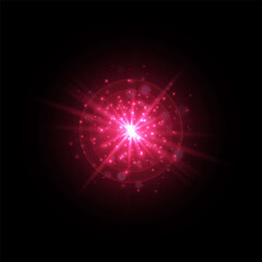 Pink magic flare light effect, glowing colorful star burst with shimmering sparkles with radiant beams. Vector illustration.