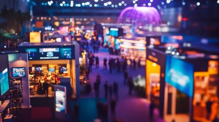 Dynamic business expo with a lively trade show floor featuring bustling crowds and vibrant booths.