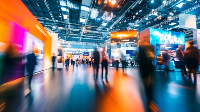 Dynamic business expo with a lively trade show floor featuring bustling crowds and vibrant booths.