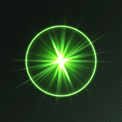 Green light flare, glowing shiny sparkle, lens flare effect, bright glimmering glare. Vector illustration.