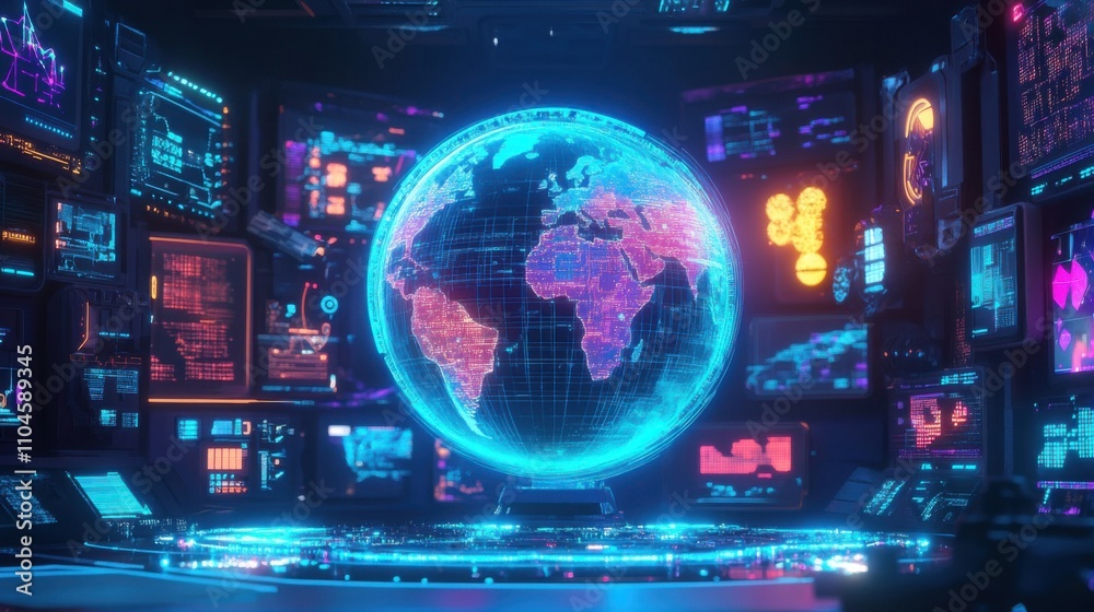 Poster futuristic digital globe interface displaying global data visualization