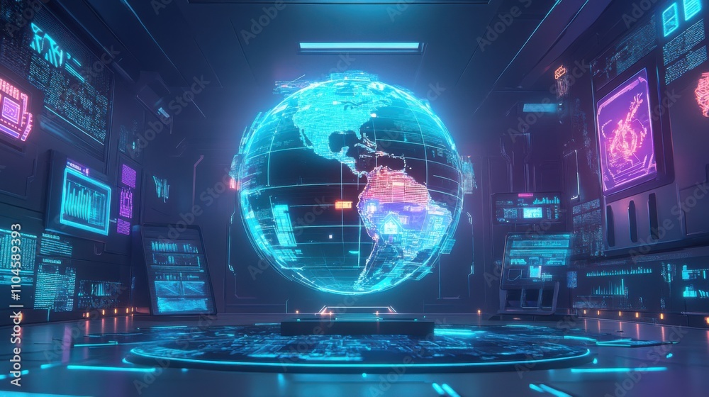Poster futuristic digital world map with interactive technology display