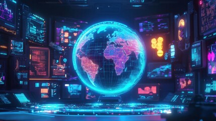 Obraz premium Futuristic Digital Globe Interface Displaying Global Data Visualization