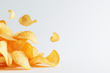 A pile of potato chips is scattered across a white background
