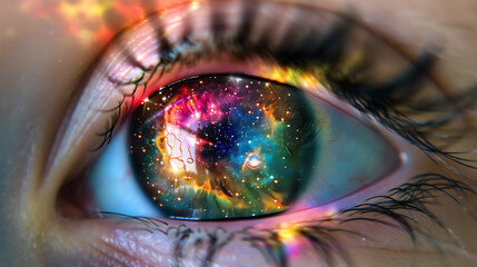 Extreme Close-Up of a Human Eye Reflecting a Vibrant Nebula with Glowing Colors and Starry Details for an Intriguing Cosmic Perspective