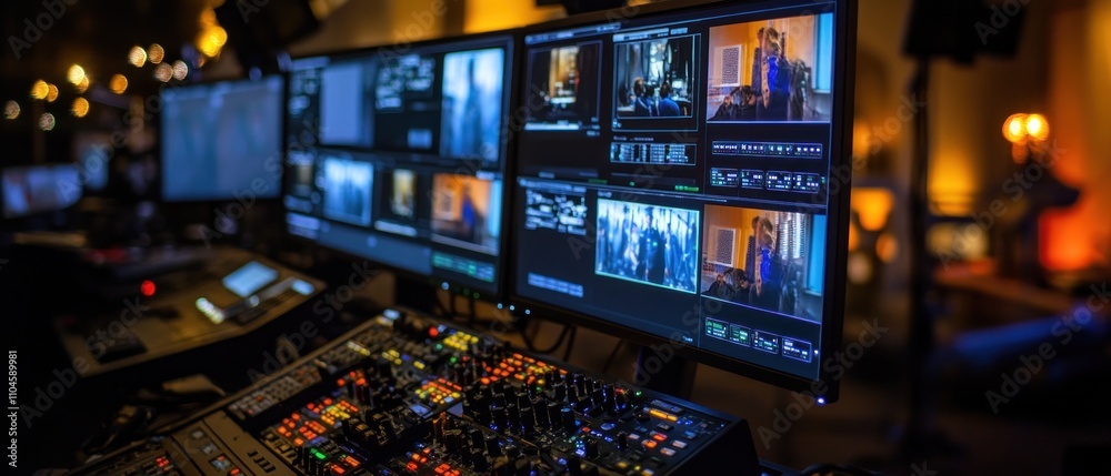 Poster a control room setup with multiple screens for video production and broadcasting.