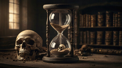 Concept of death with hourglass and skull, Close-up Picture of a Hourglass Of Death, The Hourglass Ticks and Reminds of Death, An hourglass with Skull in it