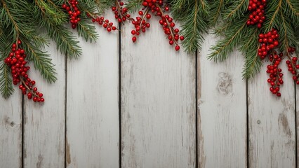 Rustic white wash wood board wall flat mockup background with pine tree branches and red berries flat lay top border