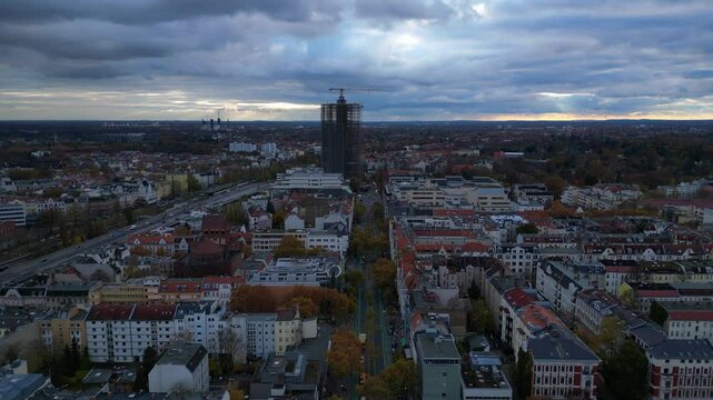 Berlin cloudy skyline over Shopping Street. Fantastic aerial view flight drone