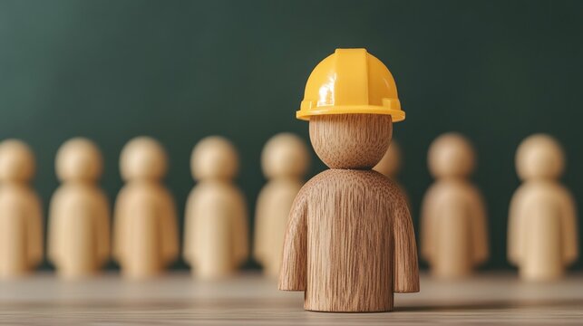 Simple wooden figure with safety hat, safety day in factory - Labor day