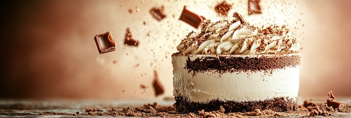 falling Tiramisu on solid background color light brown
