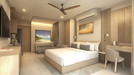 Modern hotel room with stylish decor and comfortable furnishings