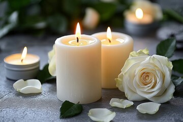 White Candles with Rose Petals and Green Leaves on Gray Surface for Sympathy and Funeral Memorials