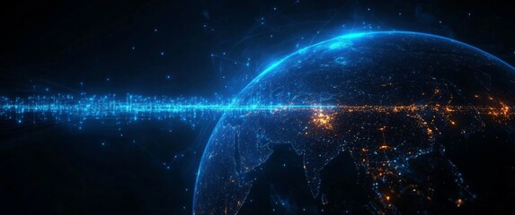 Global Network Communication Technology on Earth at Night with City Lights and Glowing Cyberspace Overlay