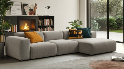 Fototapeta premium Modern Cozy Living Room with Stylish Sofa and Cozy Fireplace