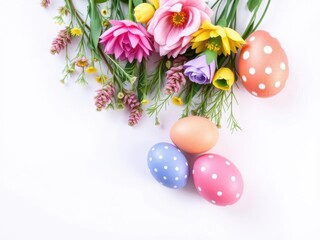 Various colorful Easter decorations arranged in a creative flat lay style on a white paper blank, design, blank