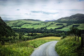 A vintage photo a road leading to the hills