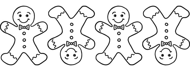 sweet cookie  gingerbread men with smily face icing and buttons black and white linear vector food  seamless border or pattern isolated on white background