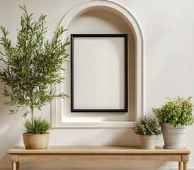 Fototapeta premium Minimalist Modern Interior with Black Picture Frame and Potted Plants on Wooden Bench