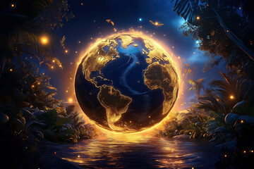 Obraz premium Globe radiates golden light as trees thrive nearby, depicting a serene moment of nature's beauty and growth